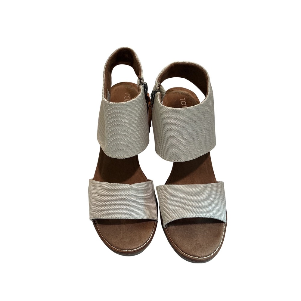 TOMS Majorca Cutout‎ Sandals Oatmeal Metallic Beige Block Heel Women's 8.5